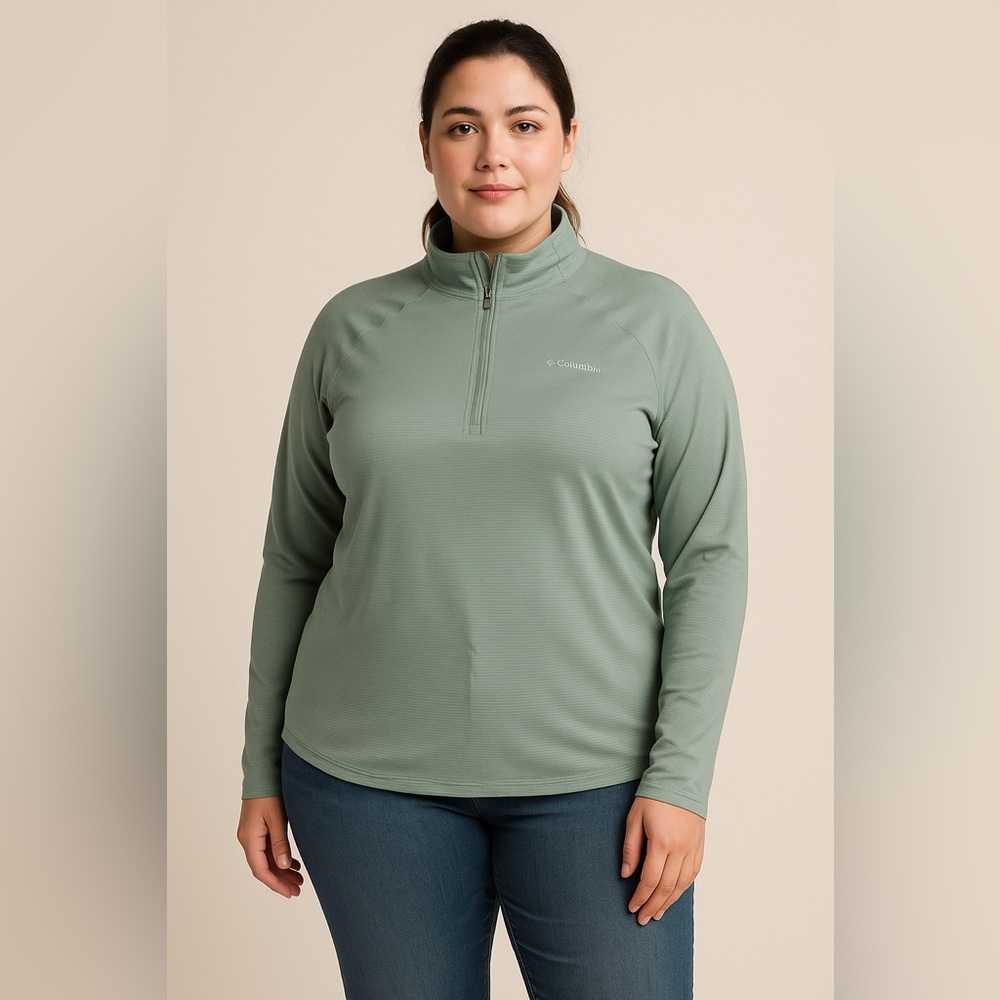Columbia Omni-Wick XL Green Striped Quarter Zip Pullover Activewear Top